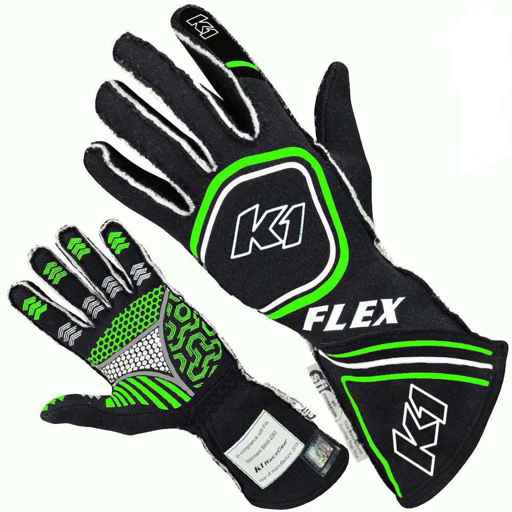 [K1R23-FLX-NFV-L] K1 Racegear - Glove Flex Large Black / Flo Green SFI / FIA